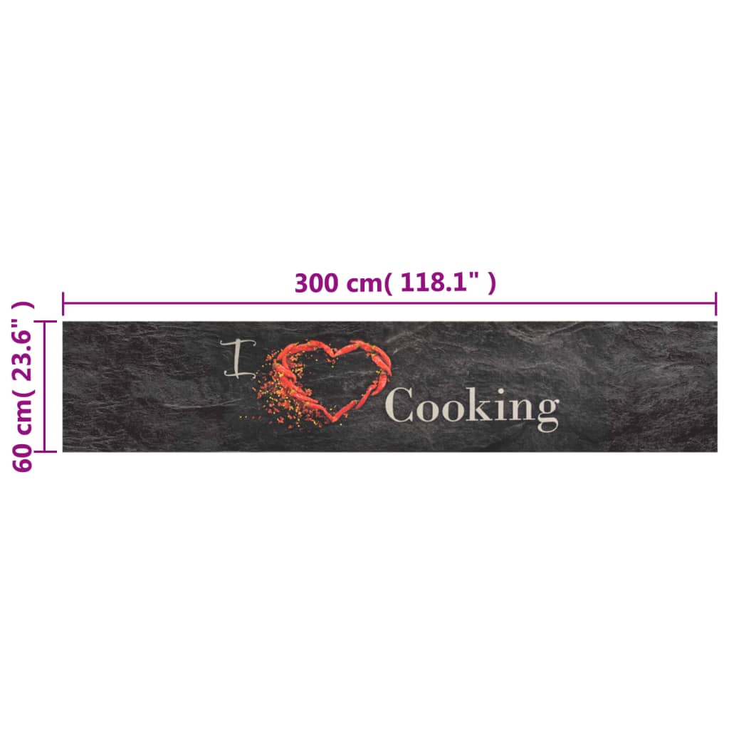 Keukenmat Wasbaar Cooking-Print Fluweel 60 x 300 cm Zwart