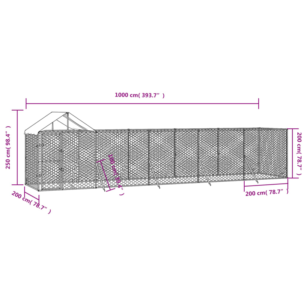 Hondenkennel Met Dak 10X2X2,5 M Gegalvaniseerd Staal Zilver 10 x 2 x 2.5 m