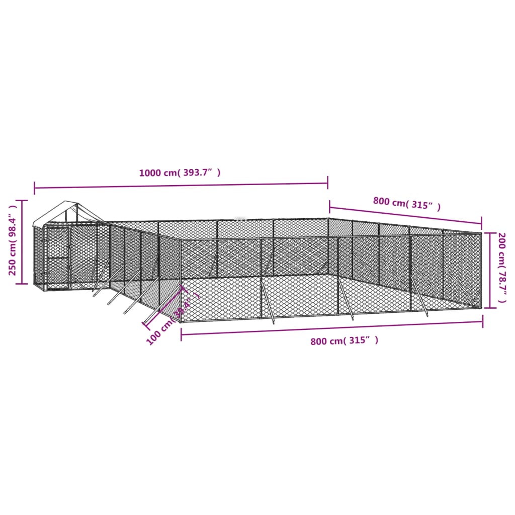 Hondenkennel met dak 10x8x2,5 m gegalvaniseerd staal zilver 10 x 8 x 2.5 m