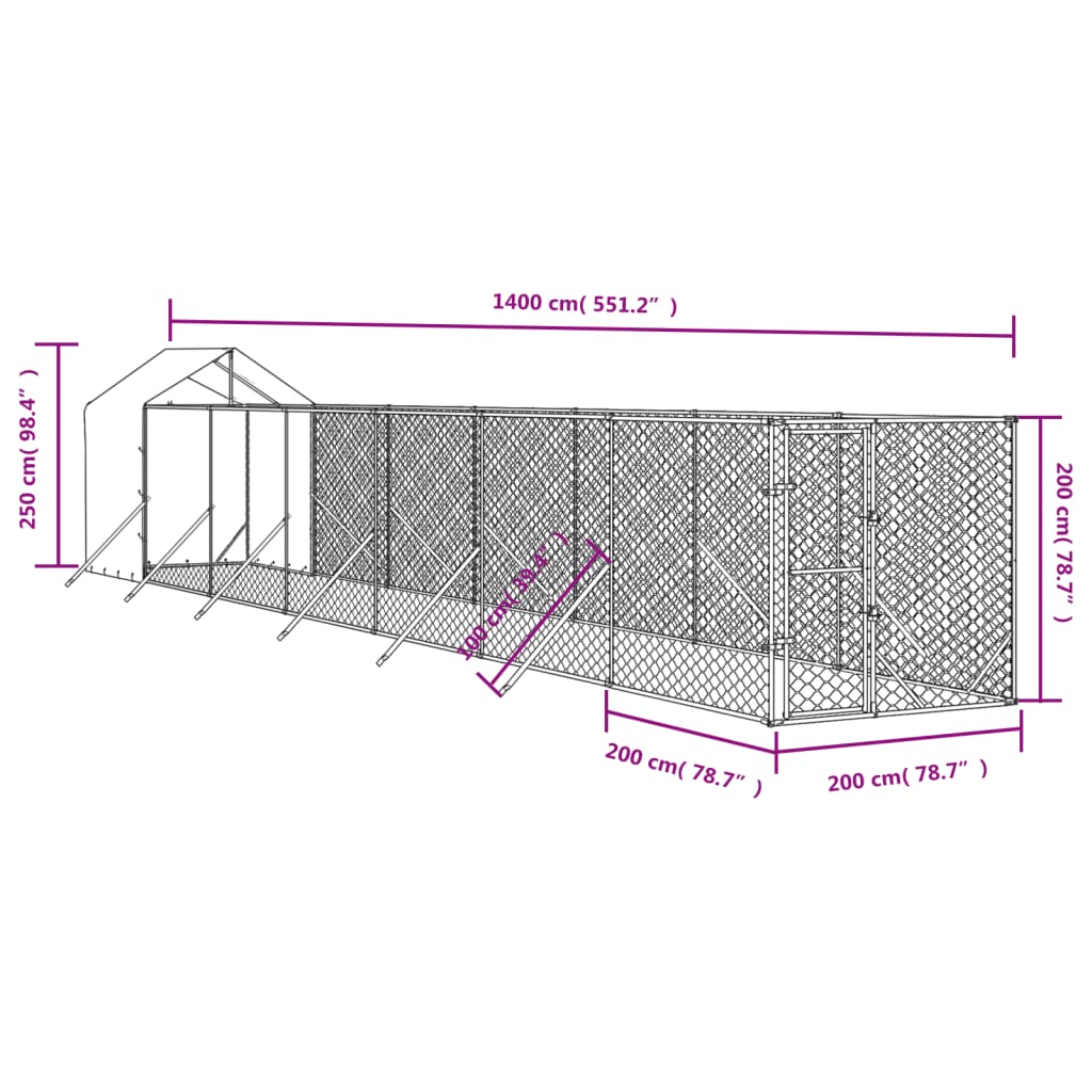 Hondenkennel met dak 2x14x2,5 m gegalvaniseerd staal zilver 2 x 14 x 2.5 m