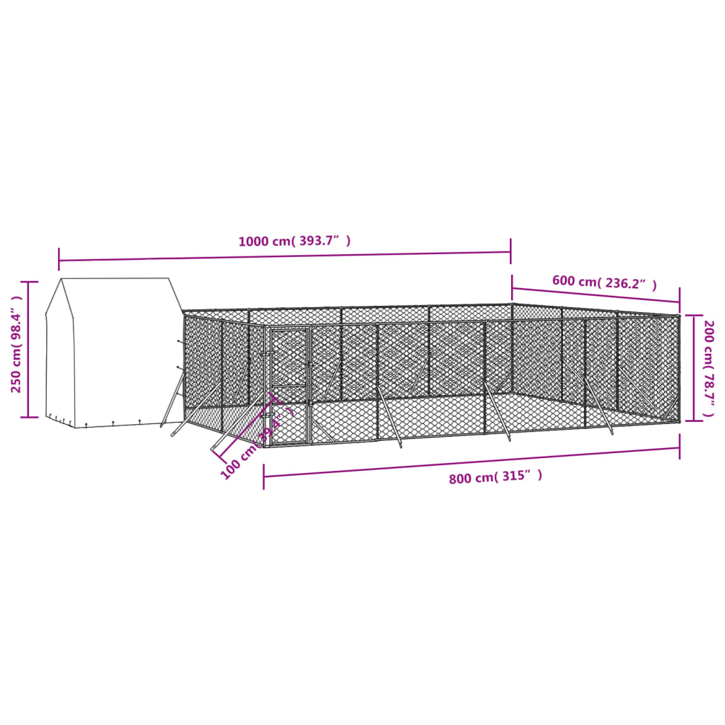 Hondenkennel met dak 10x6x2,5 m gegalvaniseerd staal zilver 10 x 6 x 2.5 m