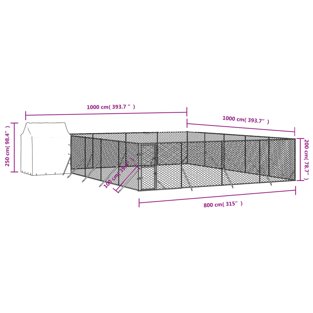 Hondenkennel met dak 10x10x2,5 m gegalvaniseerd staal zilver 10 x 10 x 2.5 m