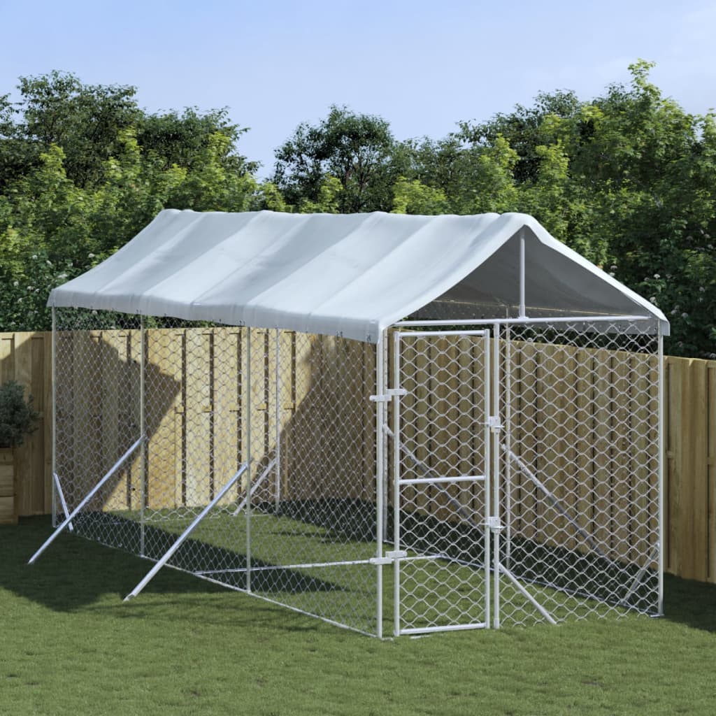 Hondenkennel Met Dak 2X14X2,5 M Gegalvaniseerd Staal Zilver