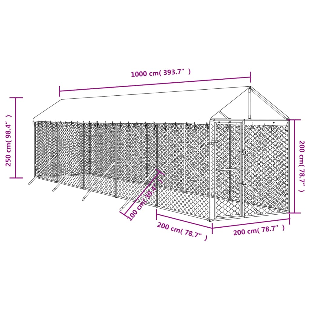 Hondenkennel Met Dak 2X10X2,5 M Gegalvaniseerd Staal Zilver 2 x 10 x 2.5 m