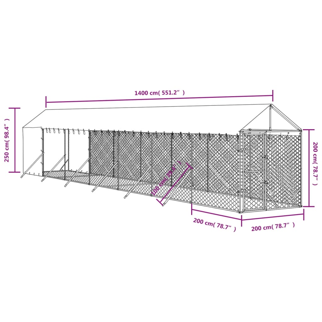 Hondenkennel Met Dak 2X14X2,5 M Gegalvaniseerd Staal Zilver 2 x 14 x 2.5 m