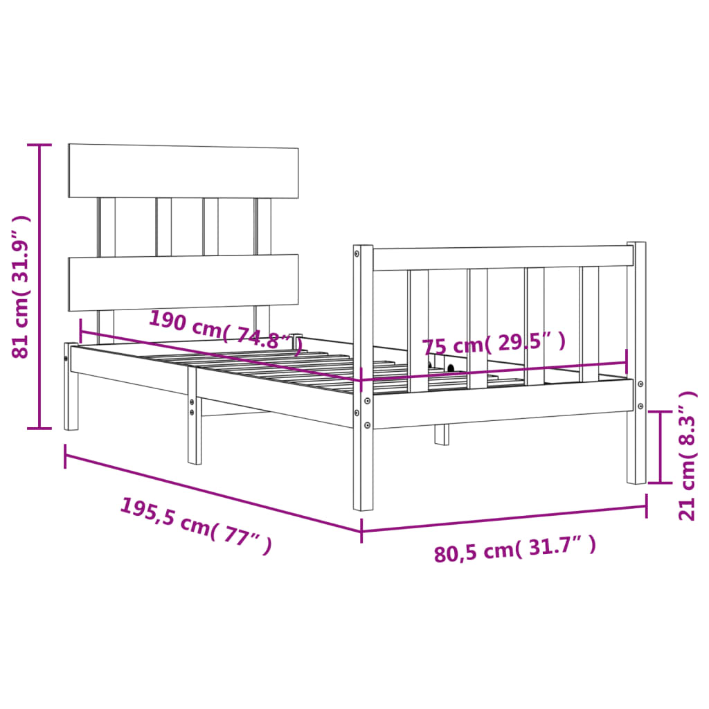 Bedframe met hoofdbord massief hout zwart 2FT6 Small Single 75 x 190 cm Zwart