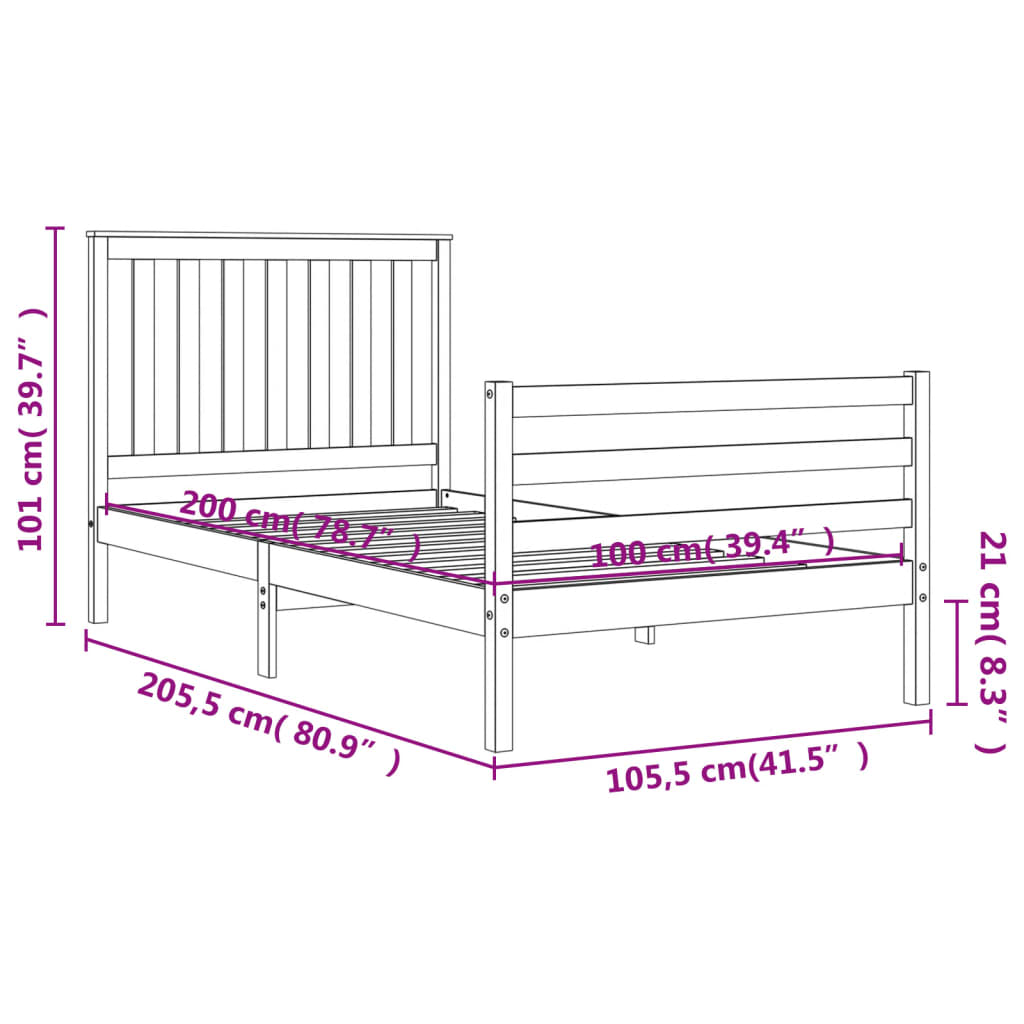 Bedframe Met Hoofdbord Massief Hout 100 x 200 cm Naturel