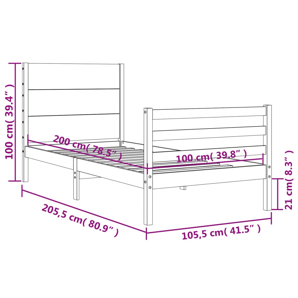 Bedframe Met Hoofdbord Massief Hout 100 x 200 cm Naturel