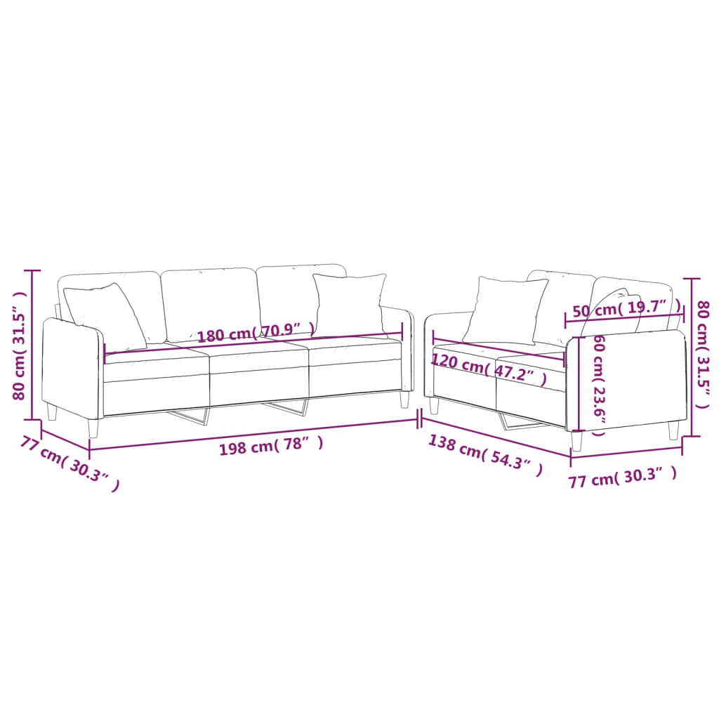 2-delige Loungeset met kussens stof crèmekleurig Crème met kussens