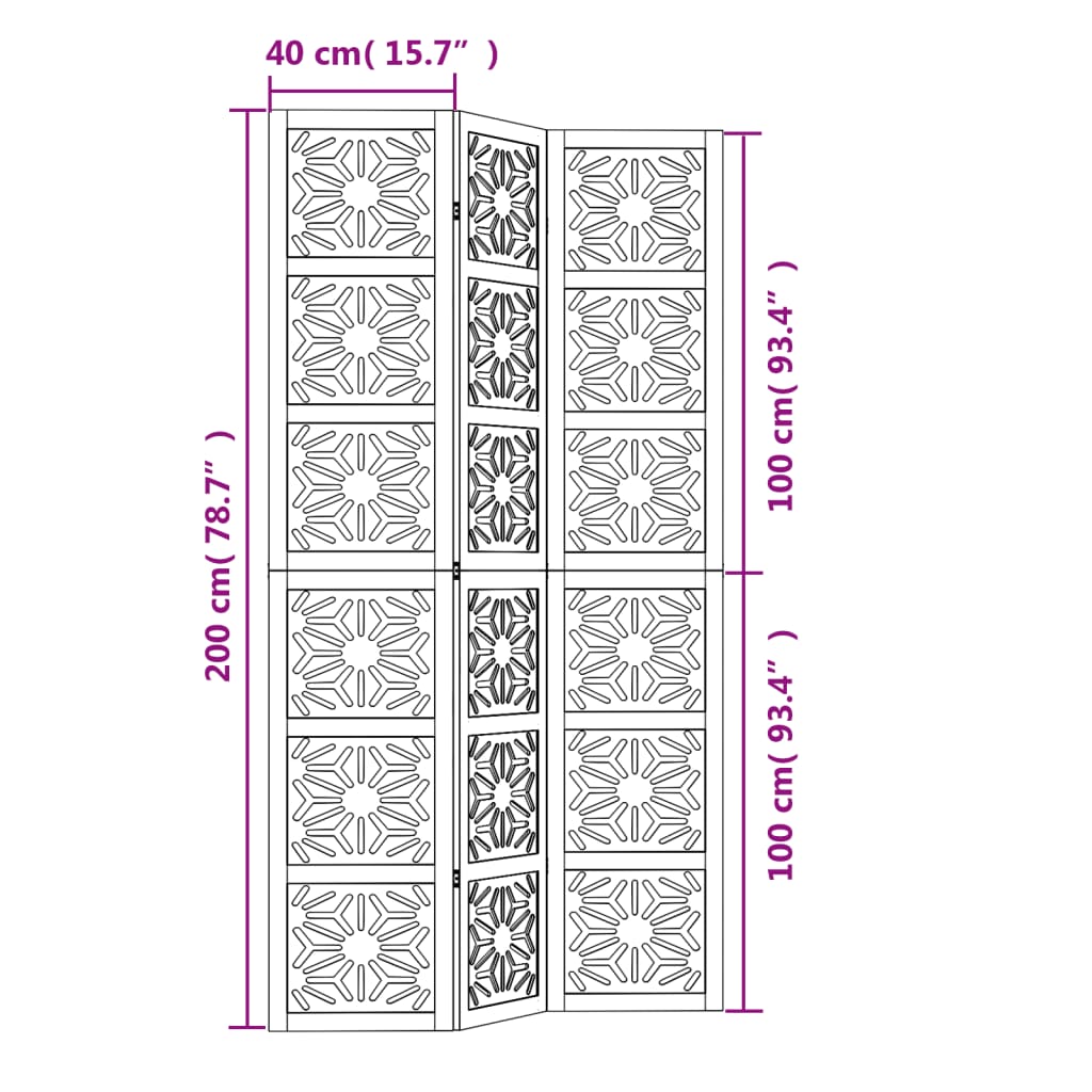 Kamerscherm met 3 panelen massief paulowniahout zwart