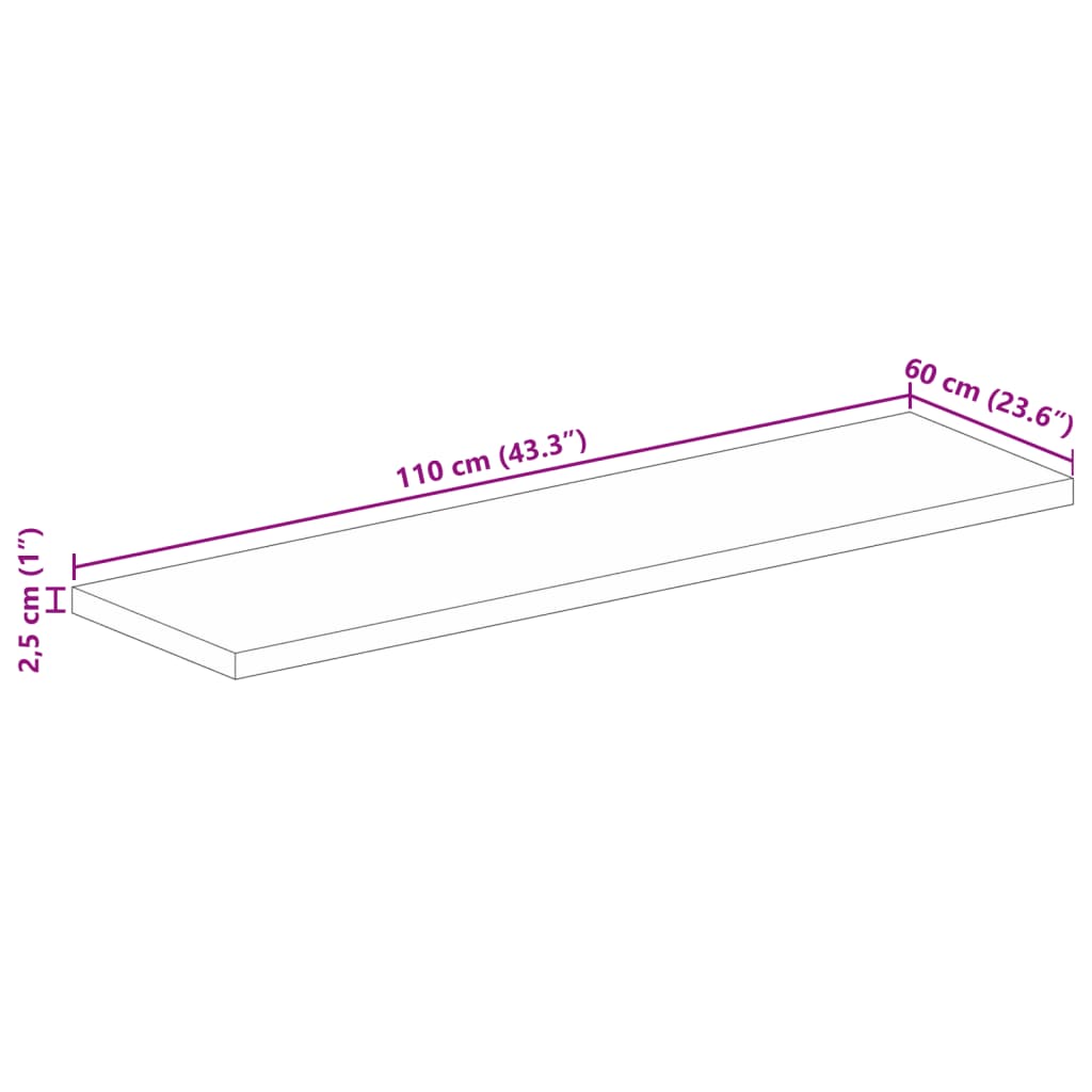 Tafelblad rechthoekig 110x60x2,5 cm massief mangohout