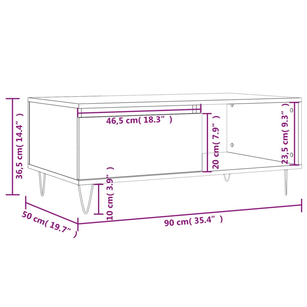Salontafel 90X50X36,5 Cm Bewerkt Hout Kleurig Gerookt eiken