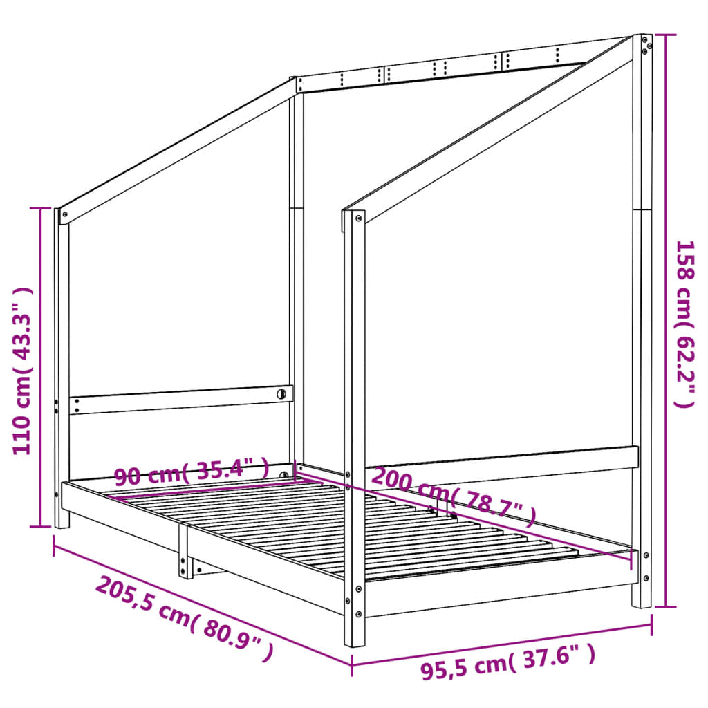 Kinderbedframe 90X200 Cm Massief Grenenhout Zwart