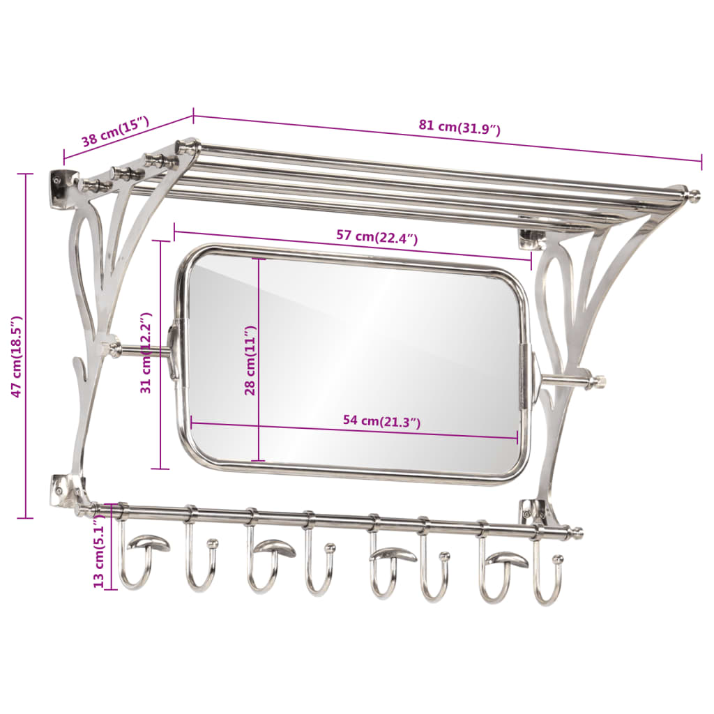 Bagagerek Met Kleerhangers En Spiegel Wandmontage Aluminium 81 x 38 x 60 cm