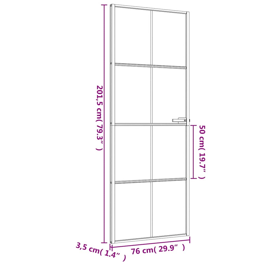 Binnendeur Smal 76X201,5 Cm Gehard Glas En Aluminium Zwart En Transparant En Mat 76 x 201.5 cm 4x2 rooster