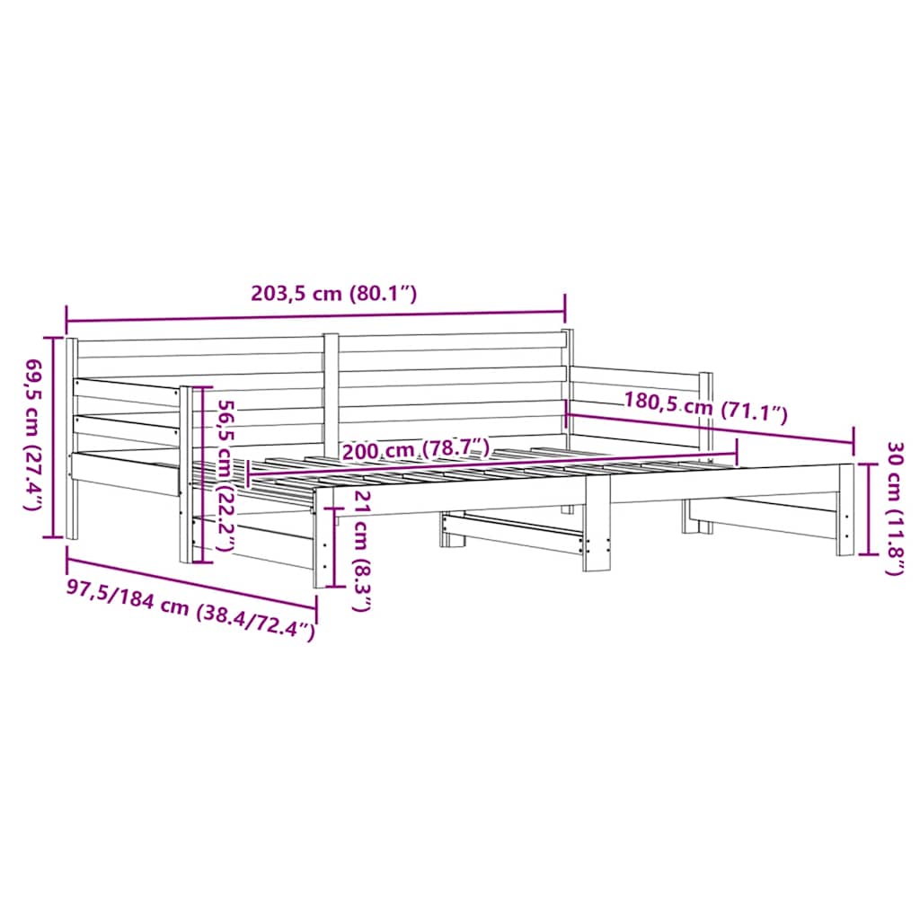 Slaapbank met onderschuifbed 90x200 cm massief grenenhout wit