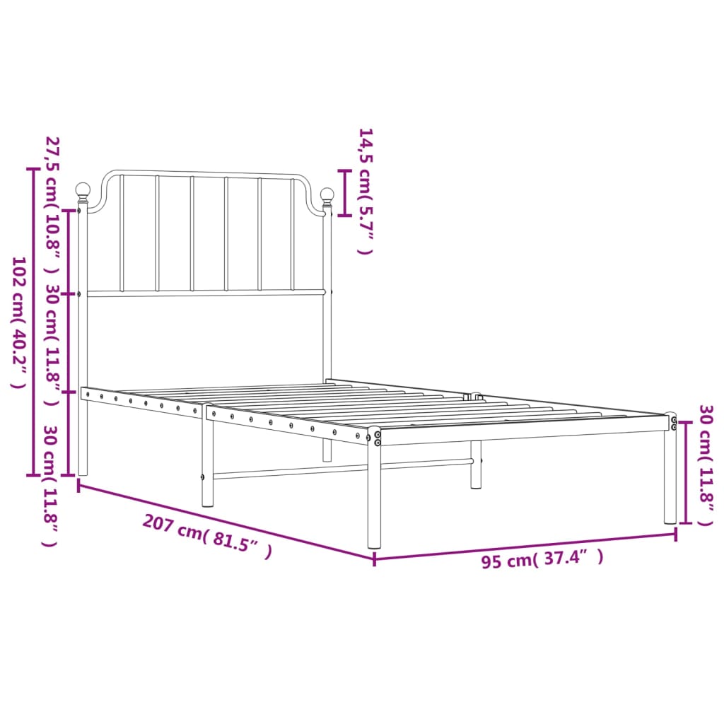 Bedframe met hoofdbord metaal wit 90x200 cm