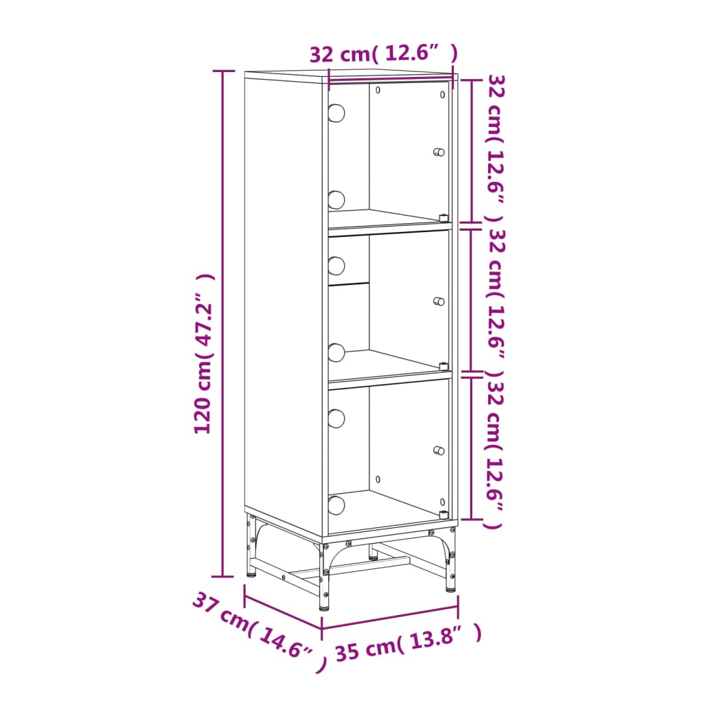 Hoge kast met glazen deuren 35x37x120 cm grijs sonoma eiken