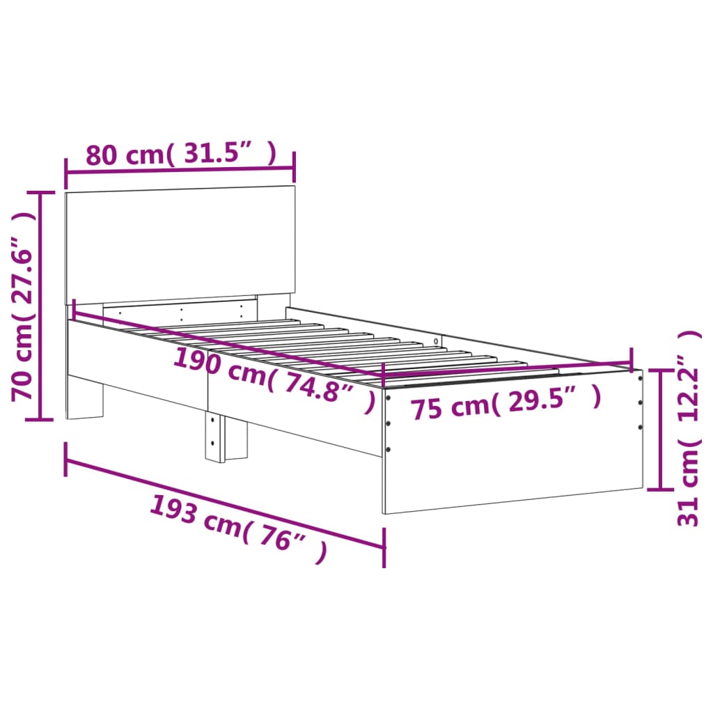 Bedframe met hoofdbord bewerkt hout betongrijs 75x190 cm 75 x 190 cm Betongrijs