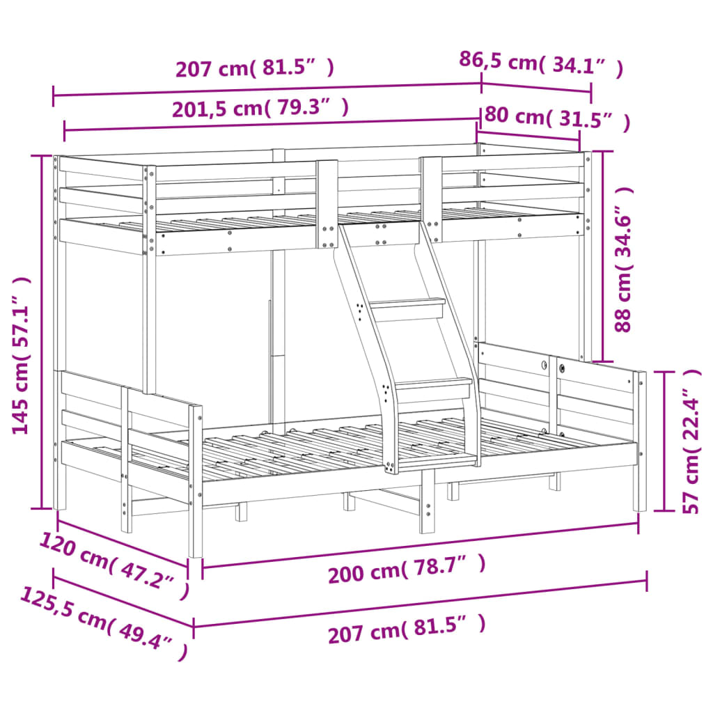 Stapelbed massief grenenhout wasbruin 80x200/120x200 cm
