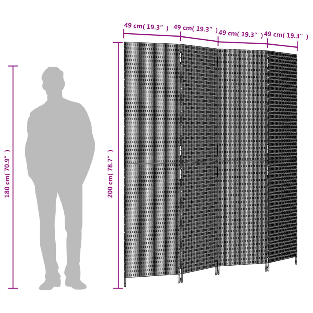 Kamerscherm 4 panelen poly rattan zwart