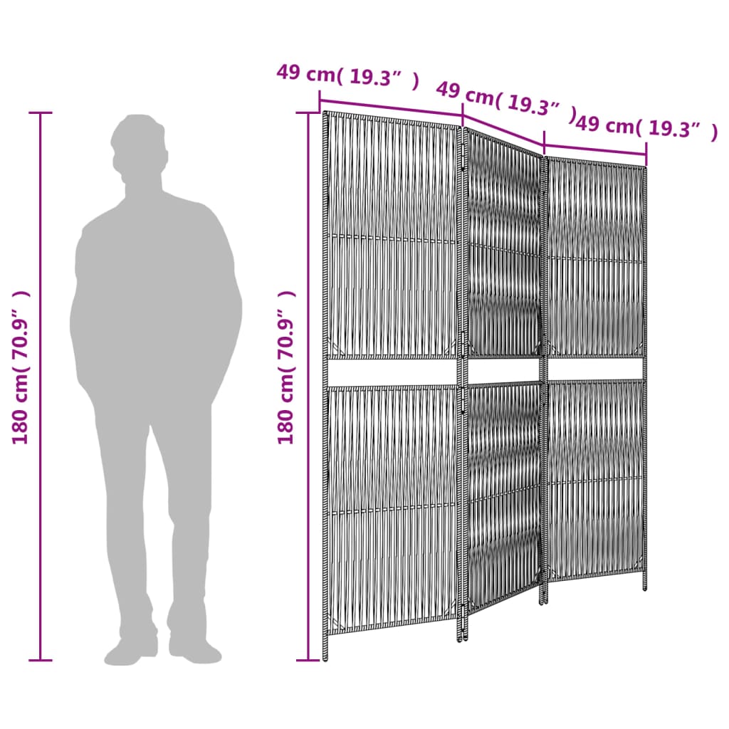 Kamerscherm 3 panelen poly rattan grijs 1 147 x 180 cm