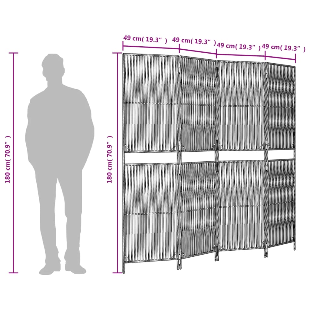 Kamerscherm 4 panelen poly rattan bruin 1 196 x 180 cm