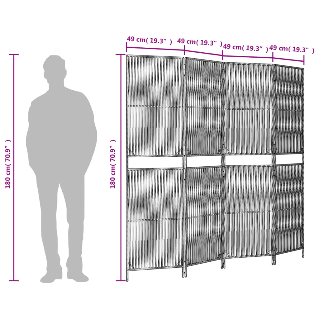 Kamerscherm 4 panelen poly rattan grijs 196 x 180 cm Lijngeweven