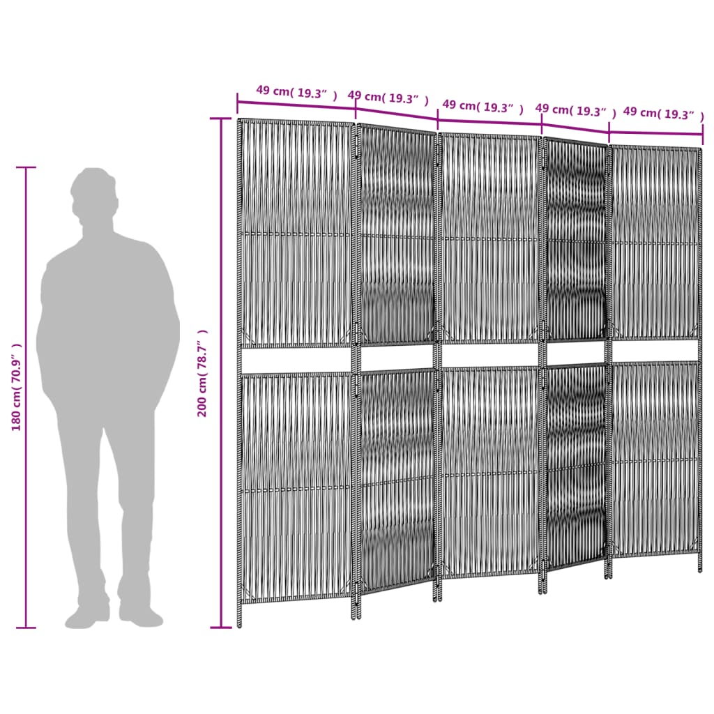 Kamerscherm 5 panelen poly rattan beige 245 x 200 cm Lijngeweven