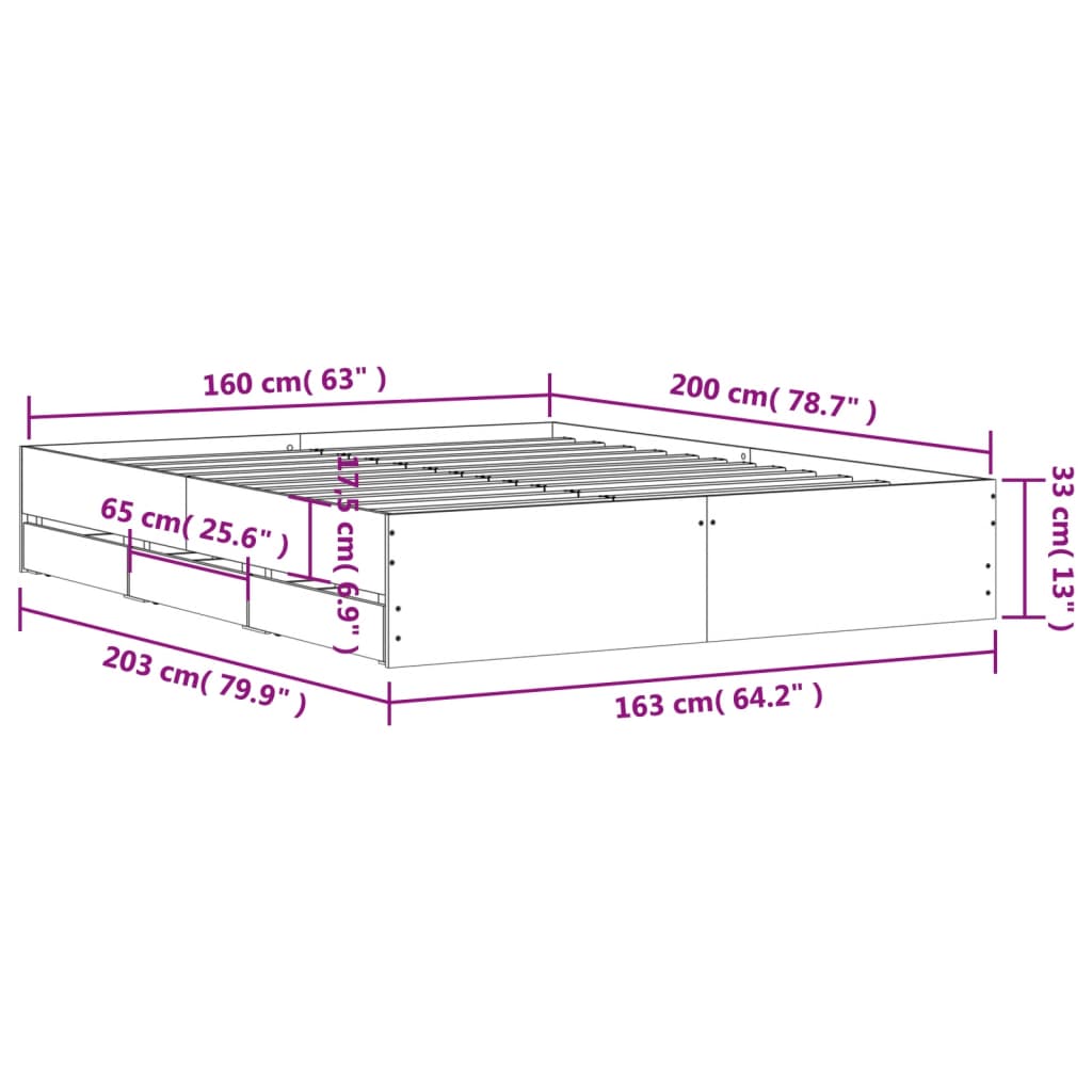 Bedframe met lades bewerkt hout betongrijs 160x200 cm