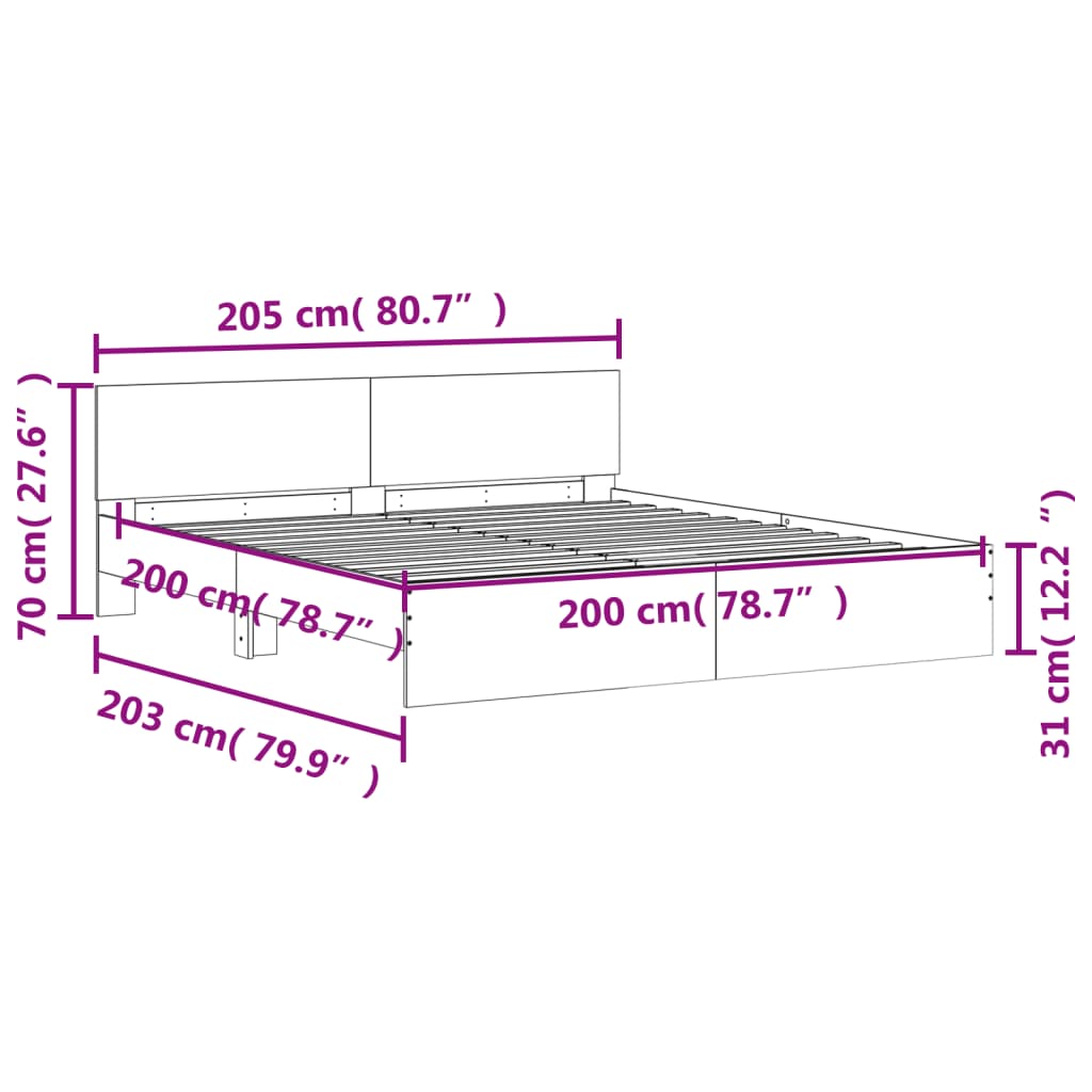 Bedframe met hoofdeinde betongrijs 200x200 cm 200 x 200 cm Betongrijs