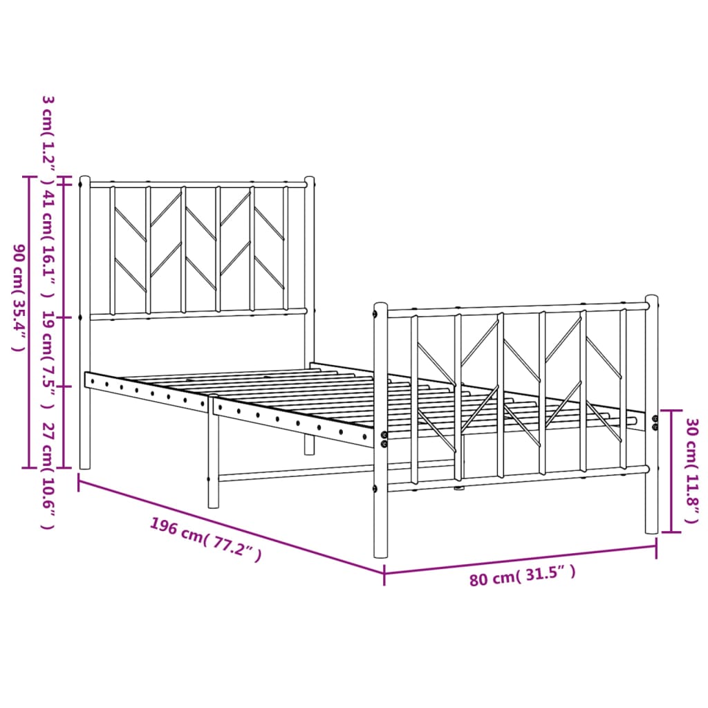 Bedframe Met Hoofd- En Voeteneinde Metaal 75 x 190 cm Wit met hoofdbord & voetbord