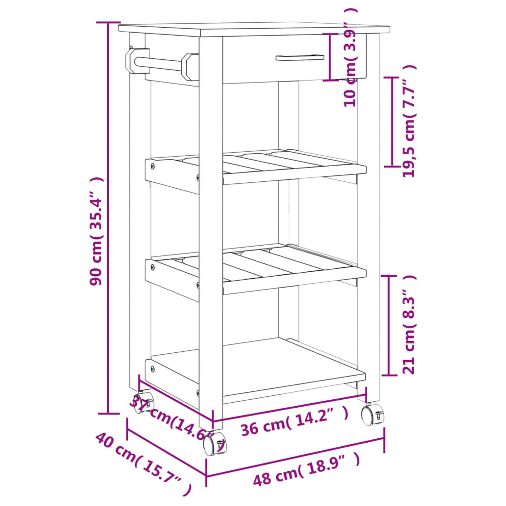 Keukentrolley Monza Massief Grenenhout 48 x 40 x 90 cm Wit