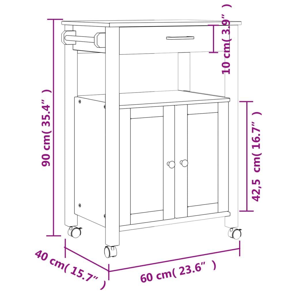 Keukentrolley Monza Massief Grenenhout 60 x 40 x 90 cm Bruin