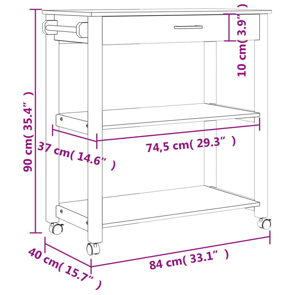 Keukentrolley Monza Massief Grenenhout 84 x 40 x 90 cm Bruin
