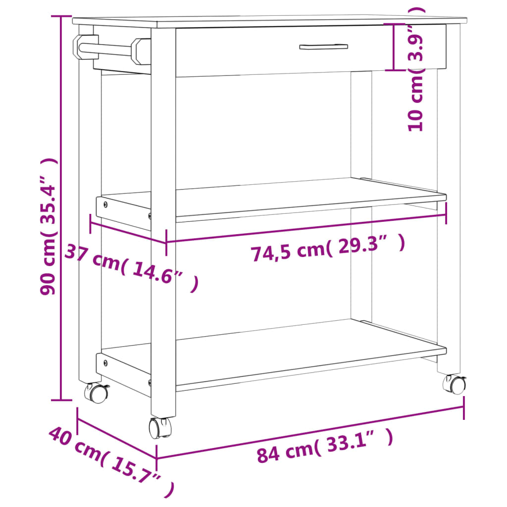 Keukentrolley Monza Massief Grenenhout 84 x 40 x 90 cm Grijs