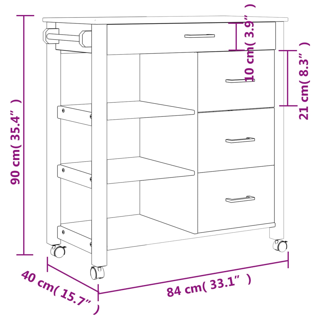 Keukentrolley Monza 84X40X90 Cm Massief Grenenhout Bruin