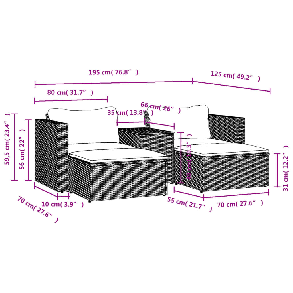 5-Delige Loungeset Met Kussens Poly Rattan Acacia Grijs