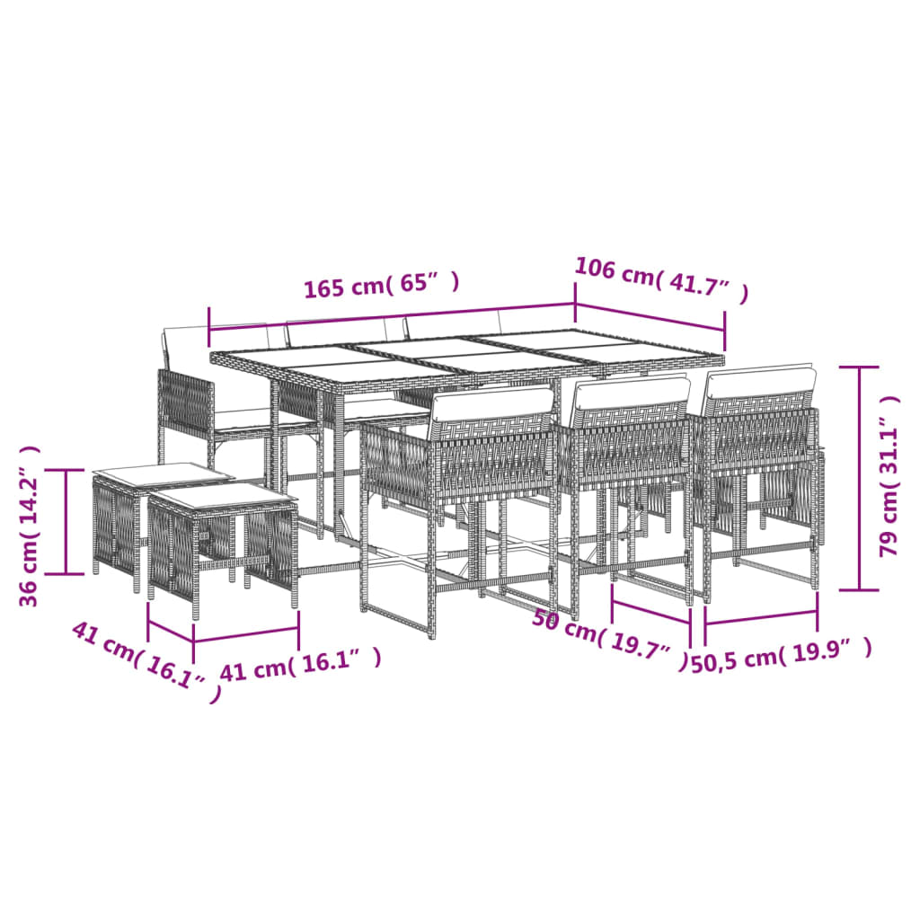 11-delige Tuinset met kussens poly rattan zwart