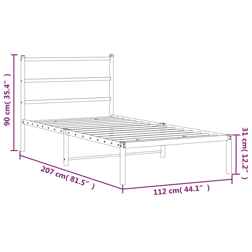 Bedframe met hoofdbord metaal zwart 107x203 cm