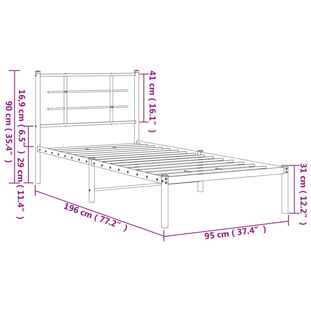 Bedframe met hoofdbord metaal zwart 90x190 cm 90 x 190 cm Zwart met hoofdbord