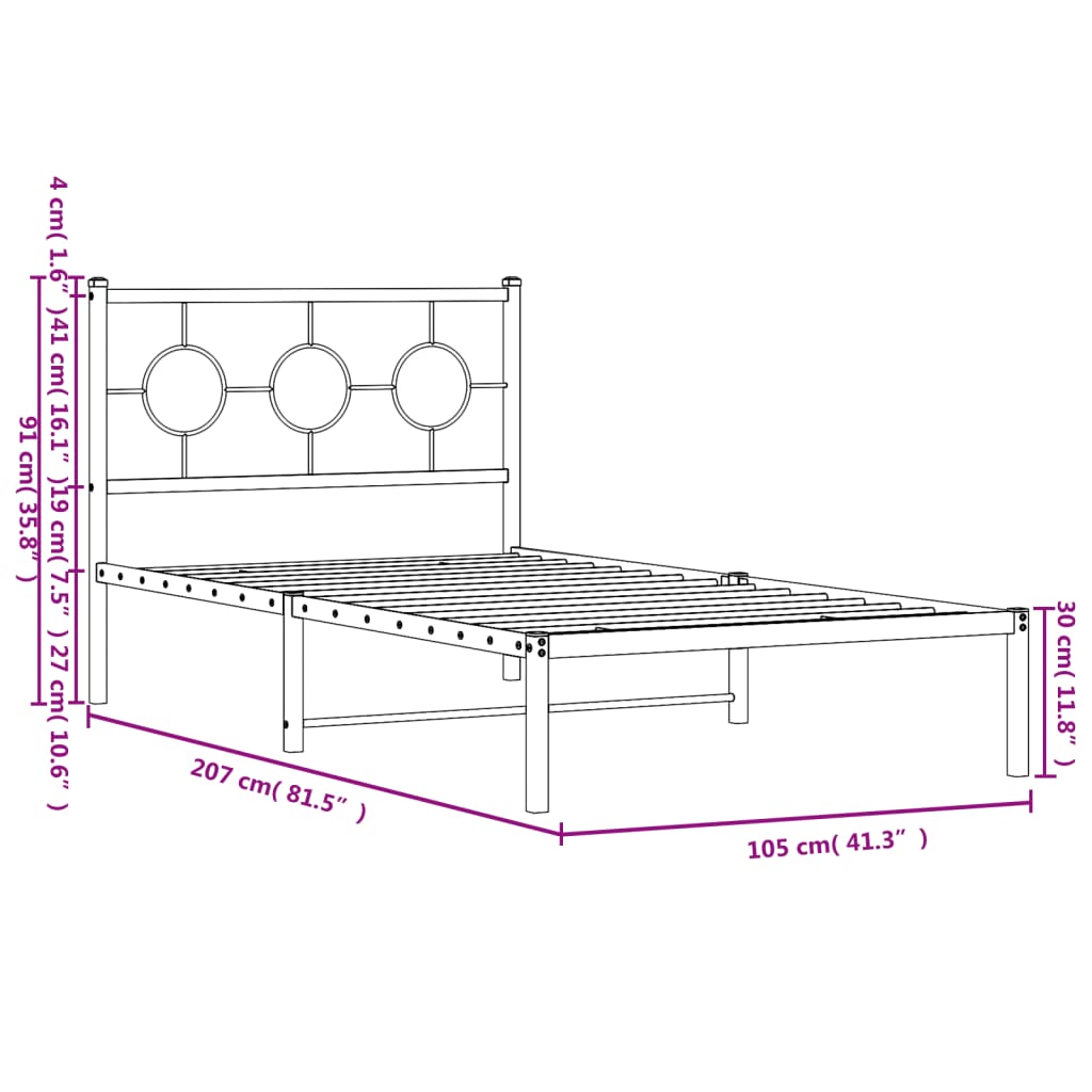 Bedframe met hoofdbord metaal zwart 100x200 cm