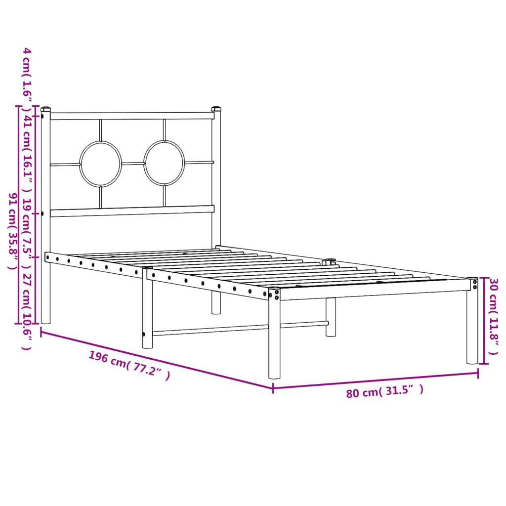 Bedframe met hoofdbord zonder matras metaal wit 75x190 cm