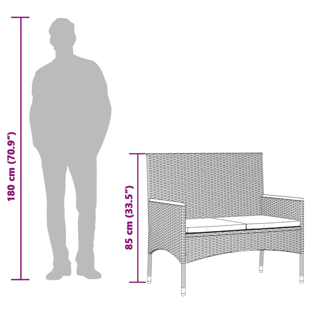 Tuinbank 2-zits met kussens en tafel poly rattan zwart