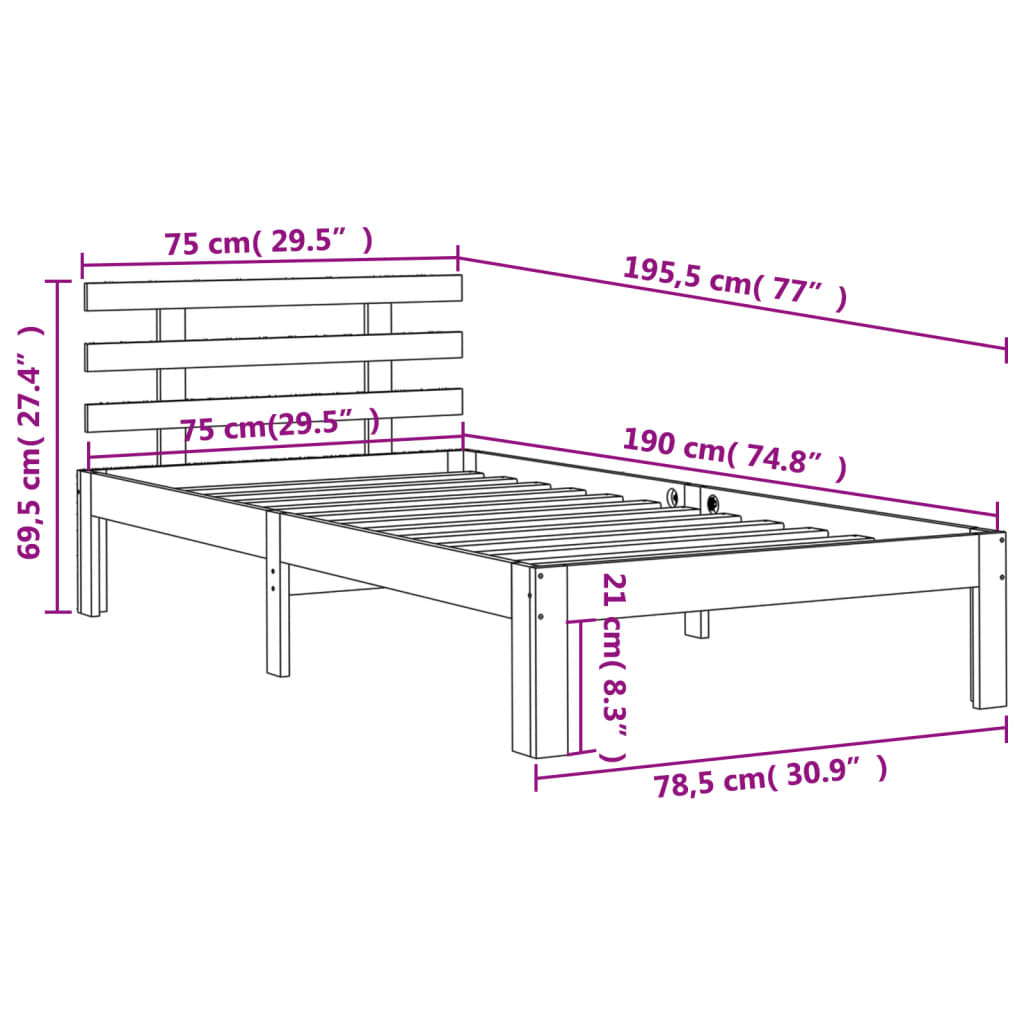 Bedframe Met Hoofdbord Massief Grenenhout Was Bruin 75 x 190 cm