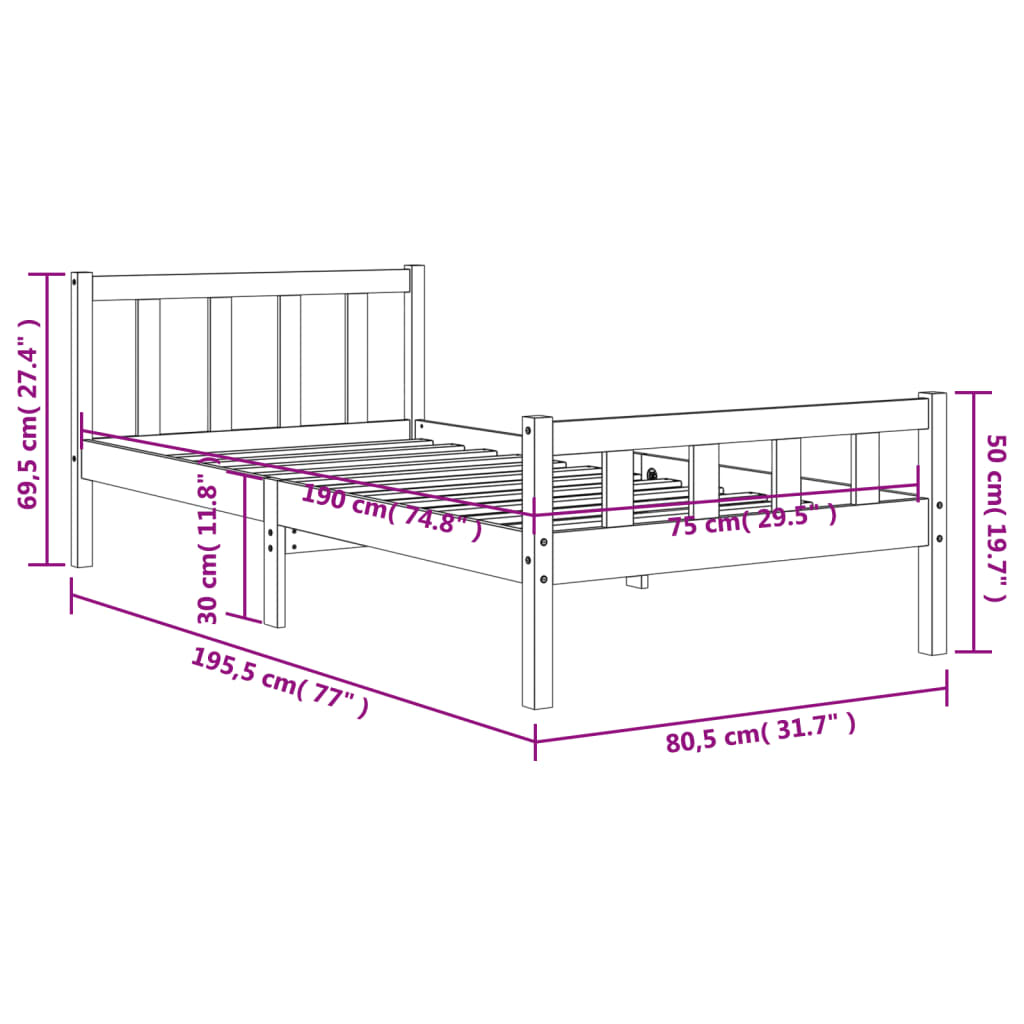 Bedframe Met Hoofdbord Massief Grenenhout Was Bruin 75 x 190 cm