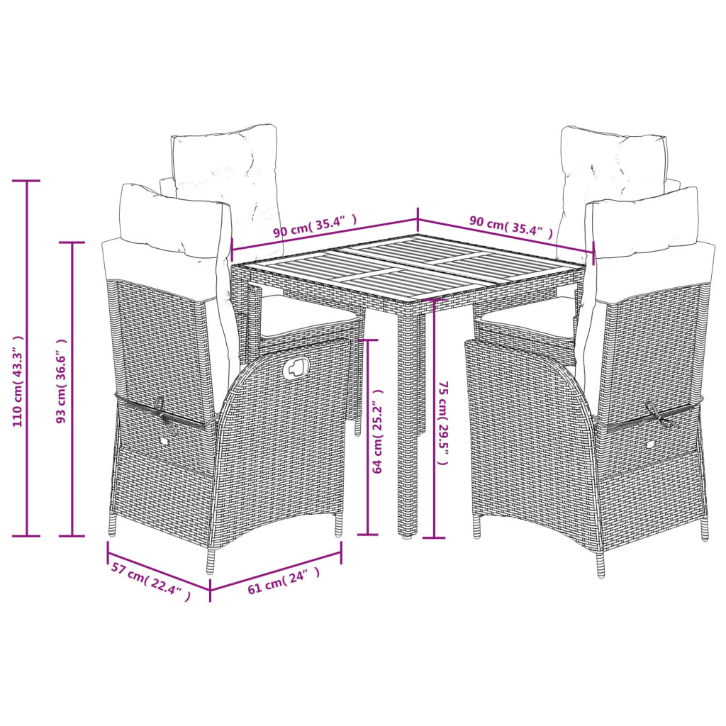 5-delige Tuinset met kussens poly rattan zwart