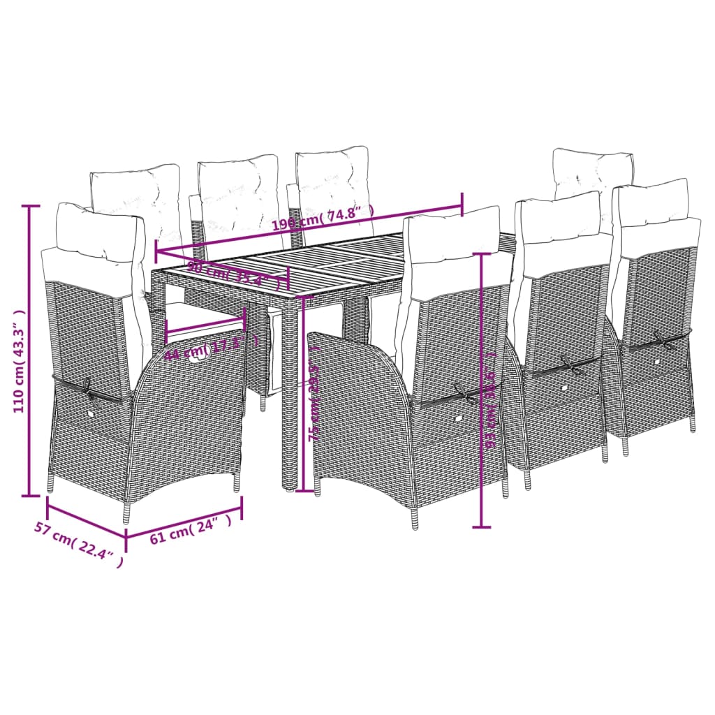 9-delige Tuinset met kussens poly rattan grijs