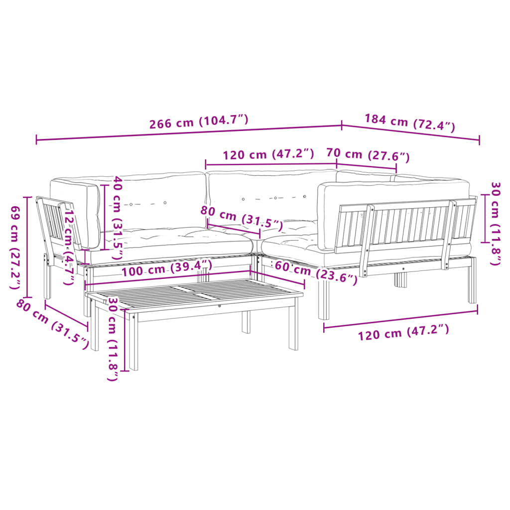 4-delige Loungeset pallet met kussens massief acaciahout