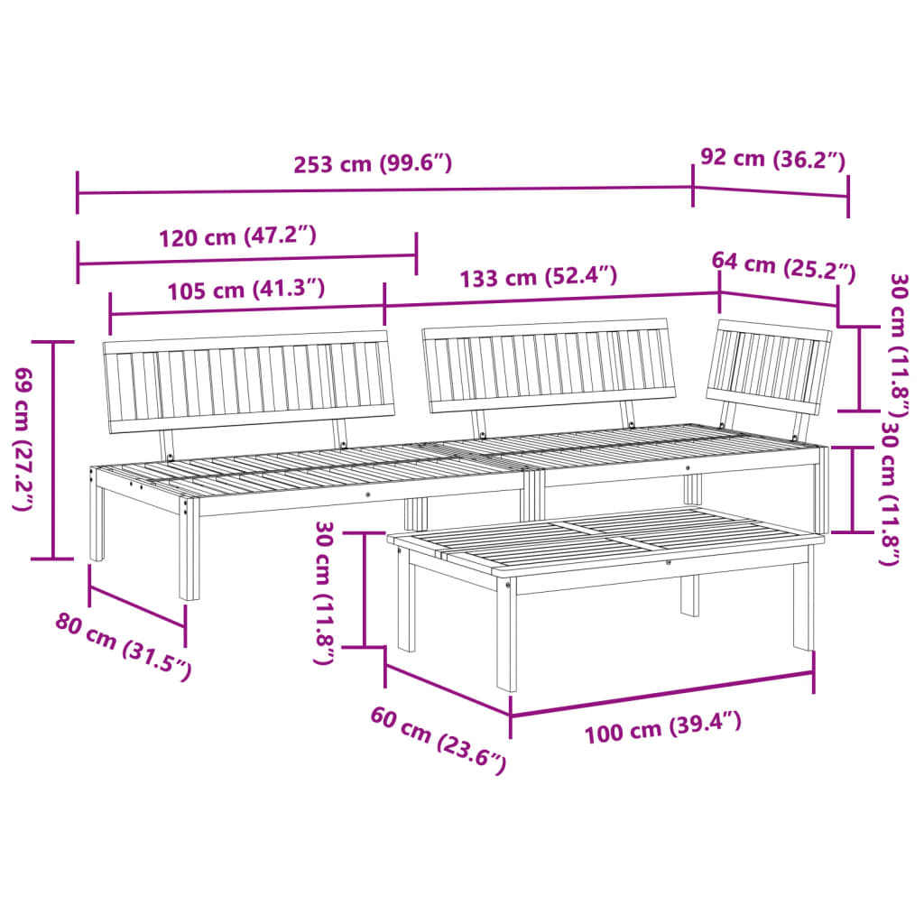 3-Delige Loungeset Pallet Massief Acaciahout Donkerbruin